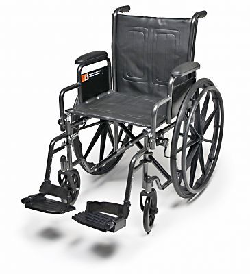 Black wheelchair with padded seat, armrests, footrests, and large rear wheels on a white background.