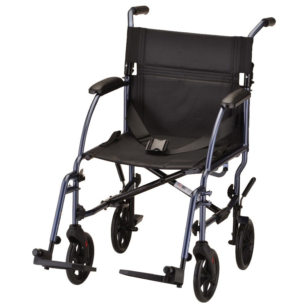 Blue and black transport wheelchair with a seatbelt, four wheels, and armrests.