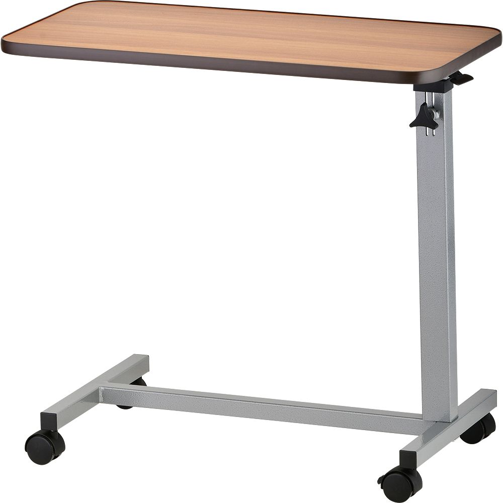 Adjustable overbed table with a wood-grain top and a silver metal frame on four caster wheels.