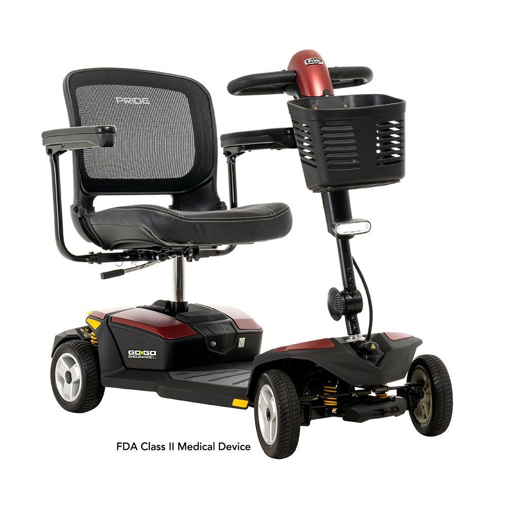 A burgundy and black four-wheeled mobility scooter with a mesh back seat and front storage basket on a white background.