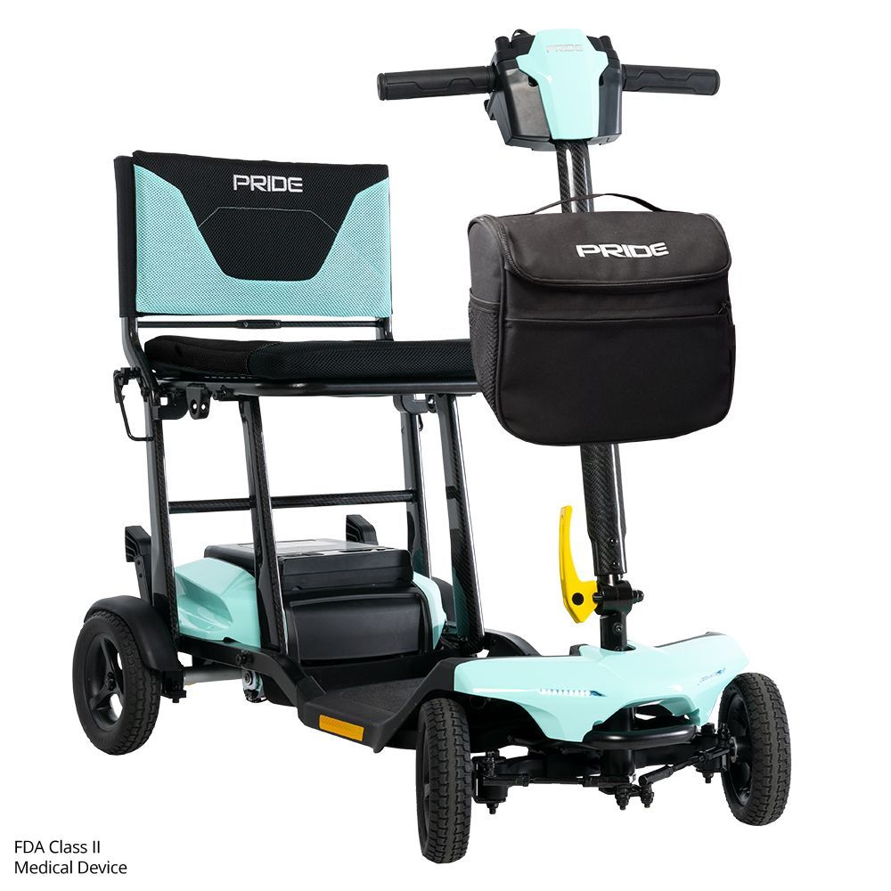 A light blue and black Pride mobility scooter with a storage bag attached to the steering column.
