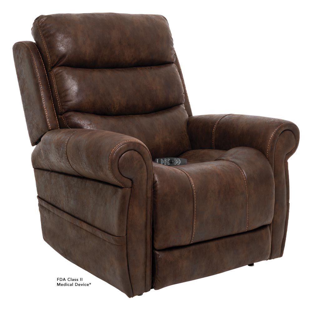 Brown leather power lift recliner chair with a remote control placed on the seat.