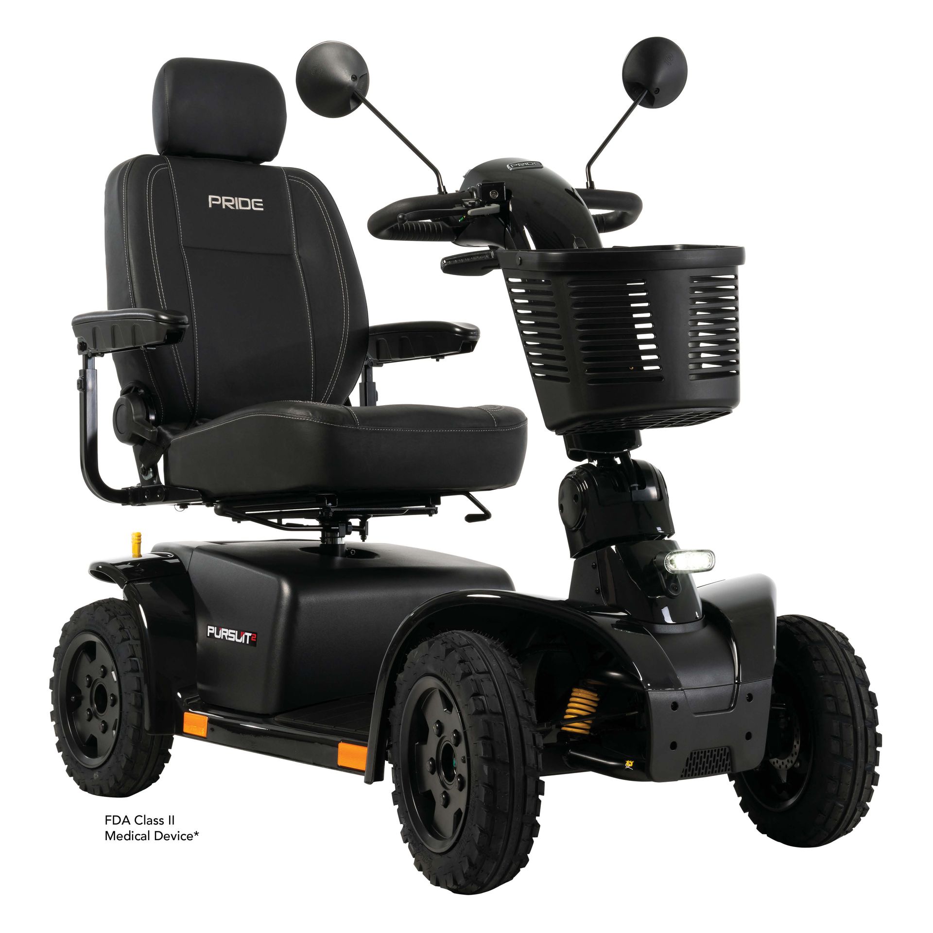 A black Pride Mobility four-wheel electric scooter with a seat, handlebars, and a front storage basket on a white background.