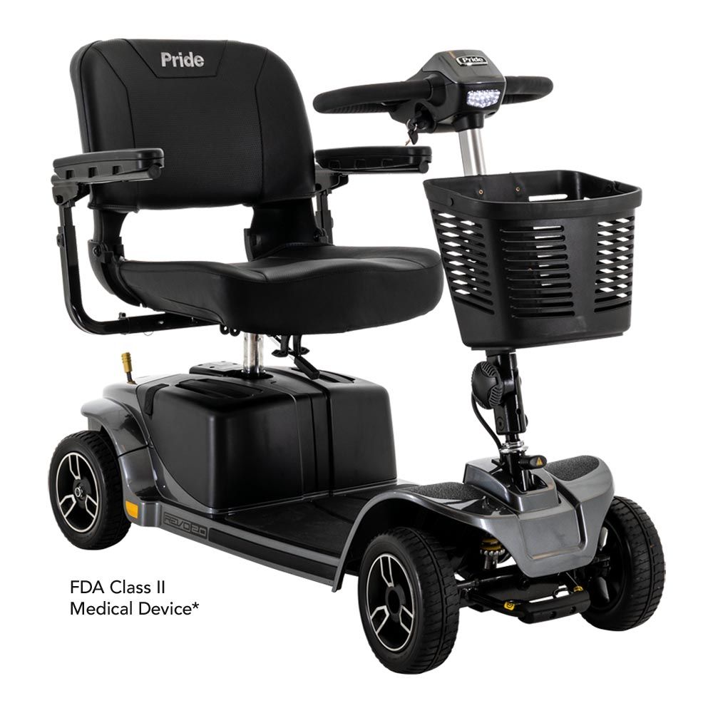 A black four-wheeled Pride mobility scooter with a front storage basket, side armrests, and a black padded seat.