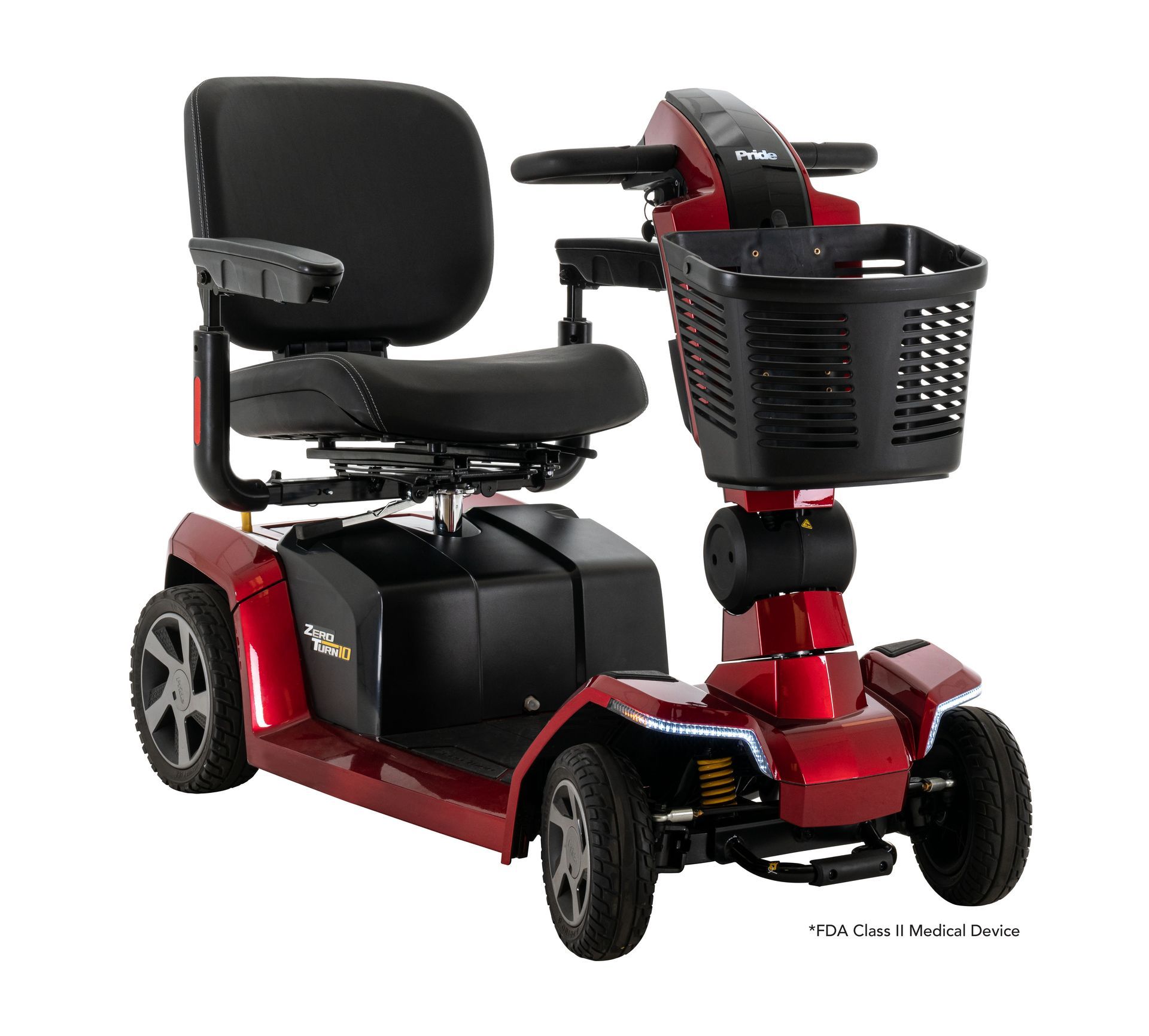 A red four-wheeled mobility scooter with a black seat, adjustable armrests, and a front-mounted storage basket.