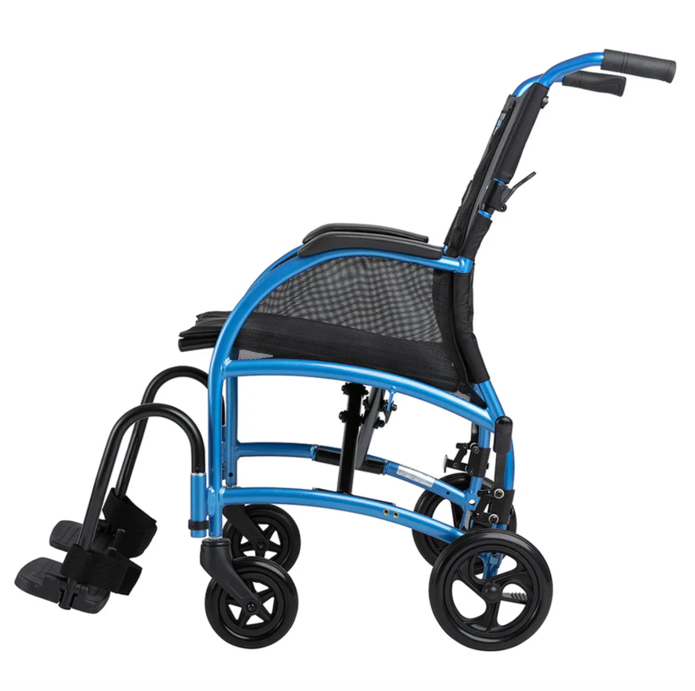 Black and blue strongback wheelchair.