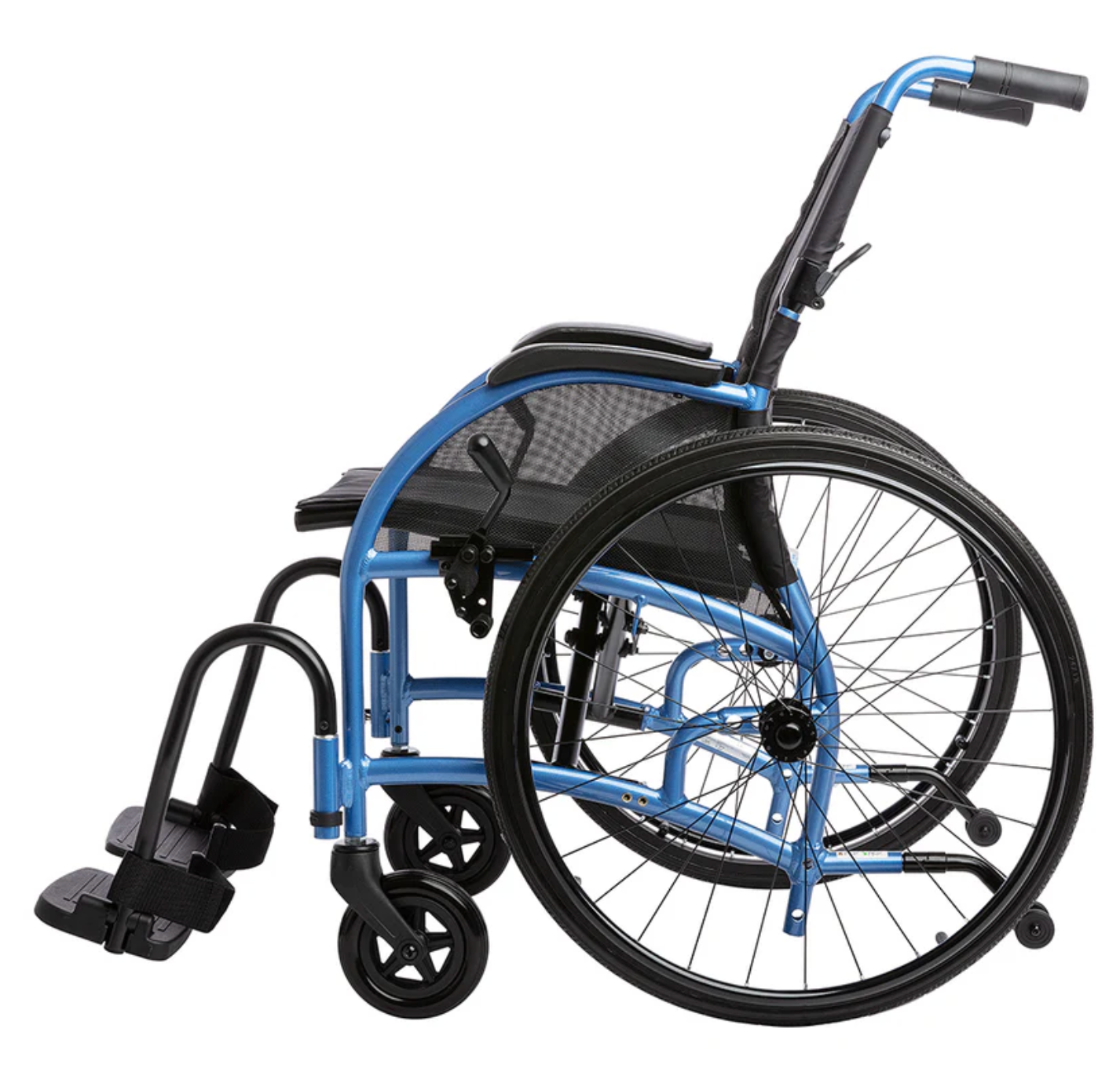 Black and blue strongback wheelchair.