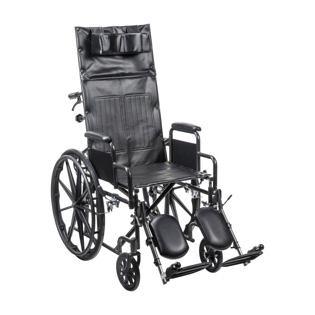 Black high-back reclining wheelchair with a headrest, adjustable leg supports, and hand-rimmed wheels.