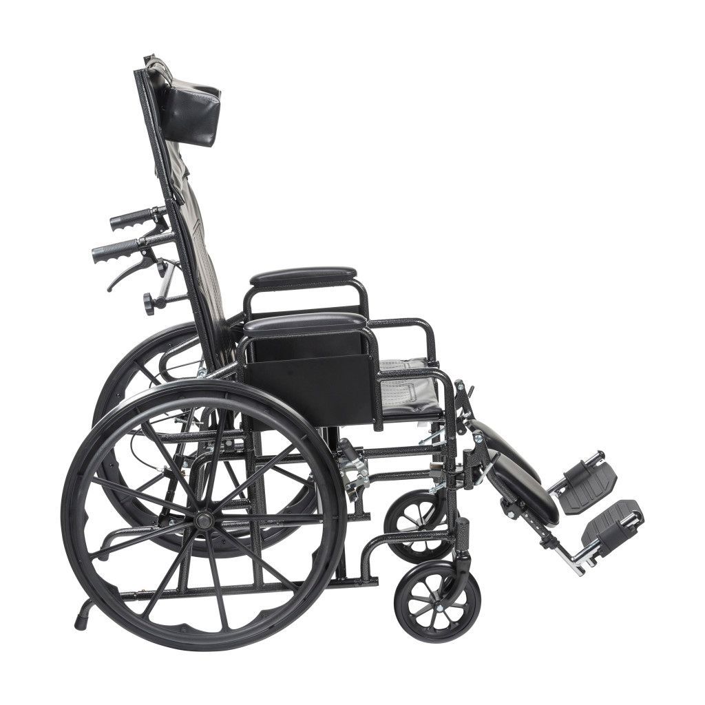 Black high-back reclining wheelchair with a headrest, adjustable leg supports, and hand-rimmed wheels.