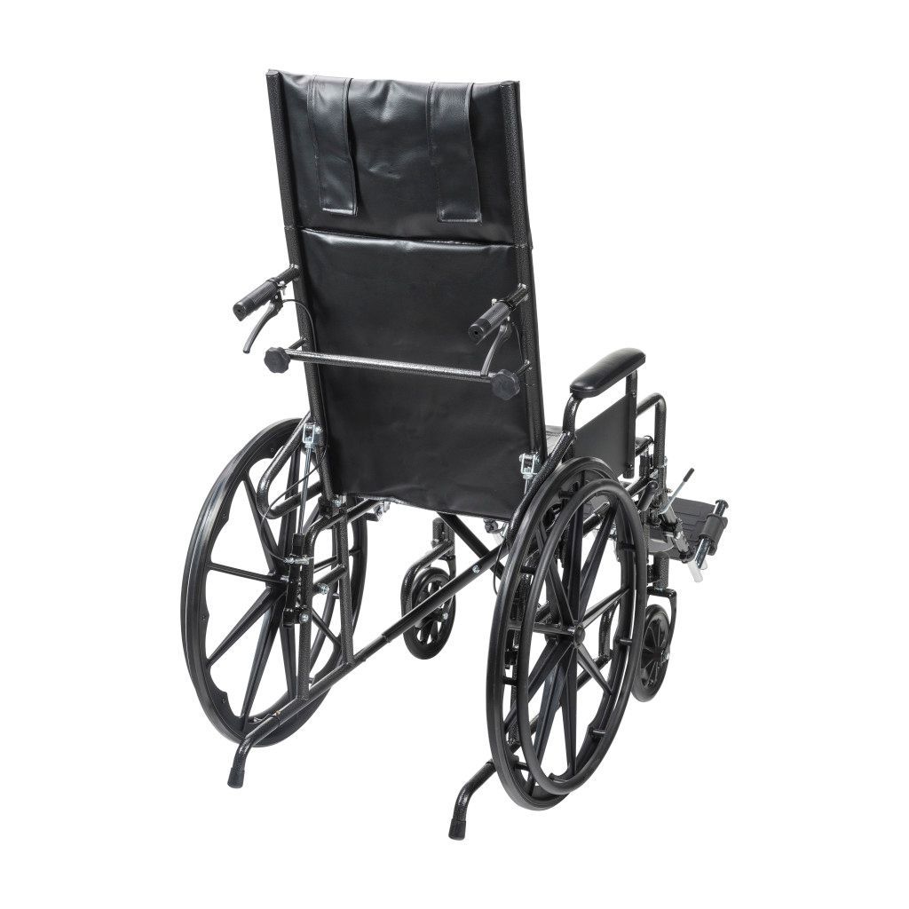 A black, high-back wheelchair viewed from the rear, featuring large wheels, push handles, and a reclining backrest.