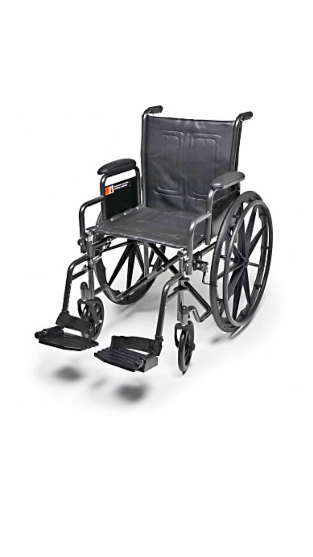 Black manual wheelchair with footrests and large rear wheels on a white background