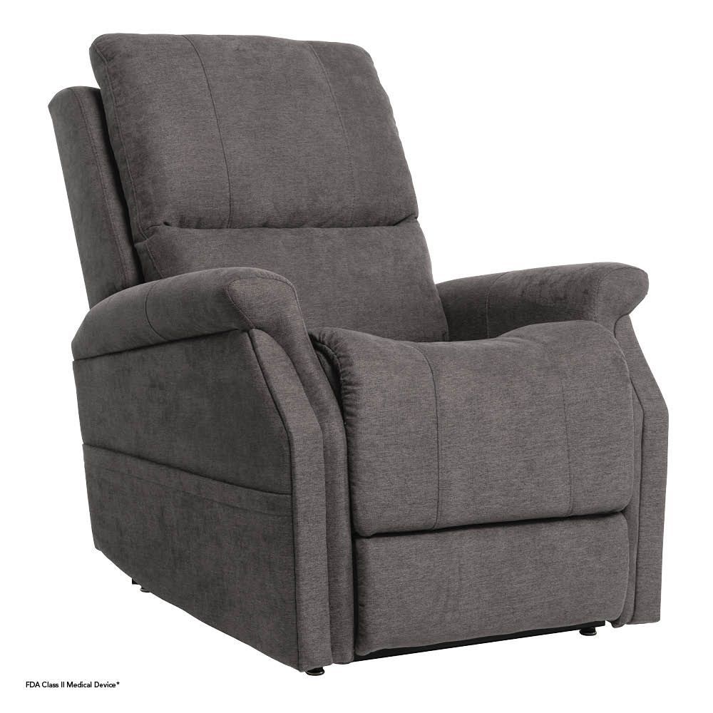 A charcoal gray upholstered power recliner chair isolated on a white background.