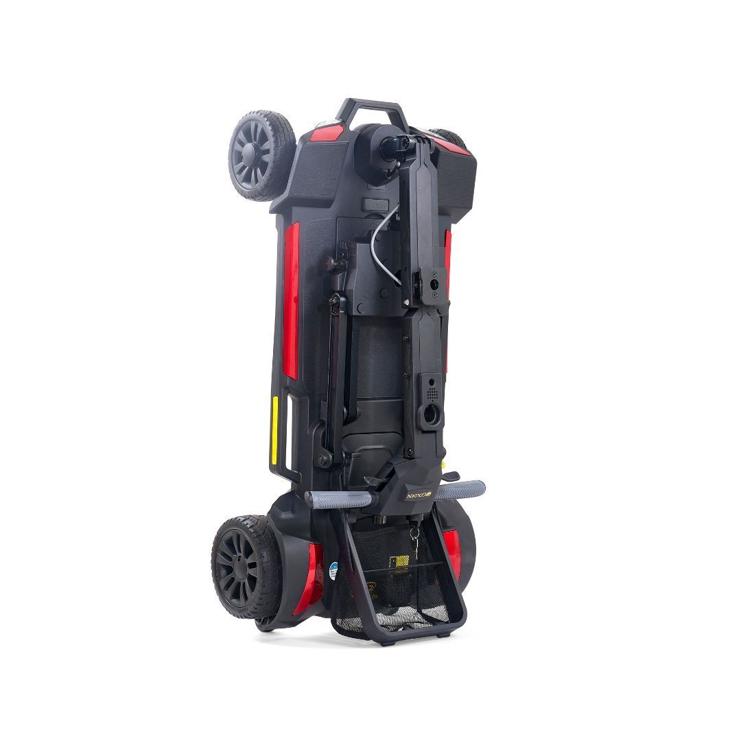 A black FDA Class II medical mobility scooter with a front basket and padded seat on a white background.