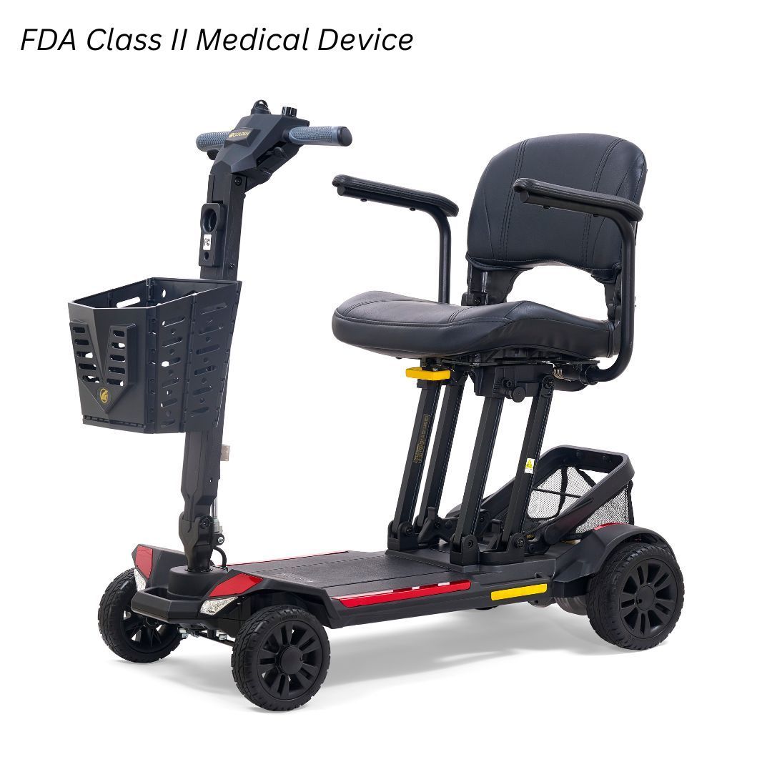 A black FDA Class II medical mobility scooter with a front basket and padded seat on a white background.