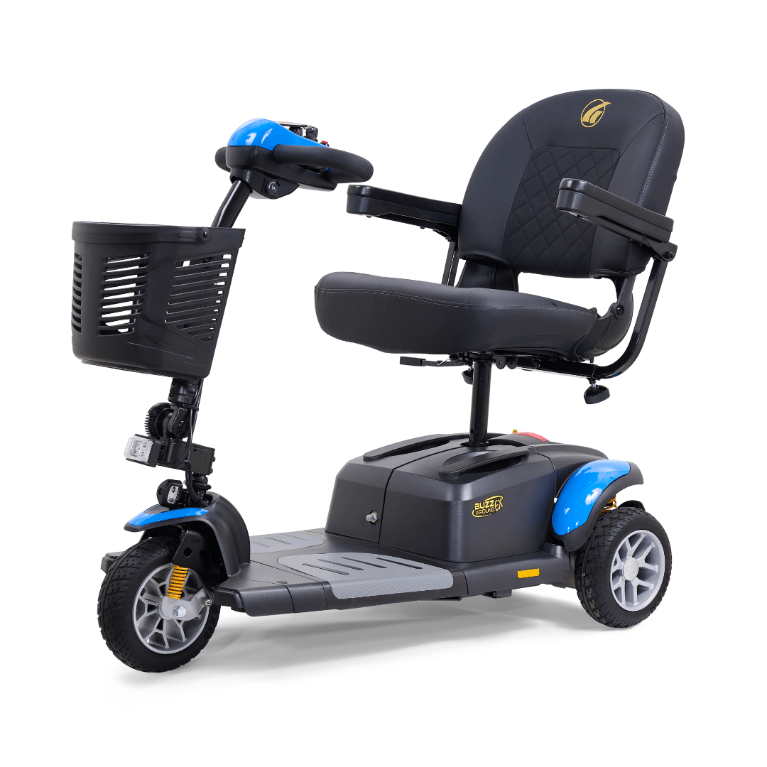 A portable, three-wheeled mobility scooter in blue and black with a front storage basket and a padded seat.