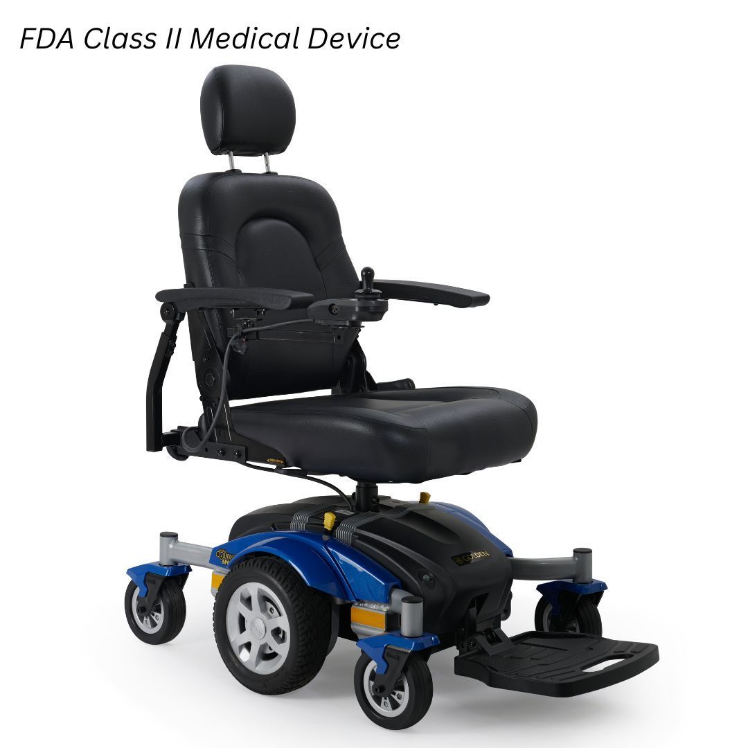 Blue electric power wheelchair with a black cushioned seat, headrest, and joystick controller.