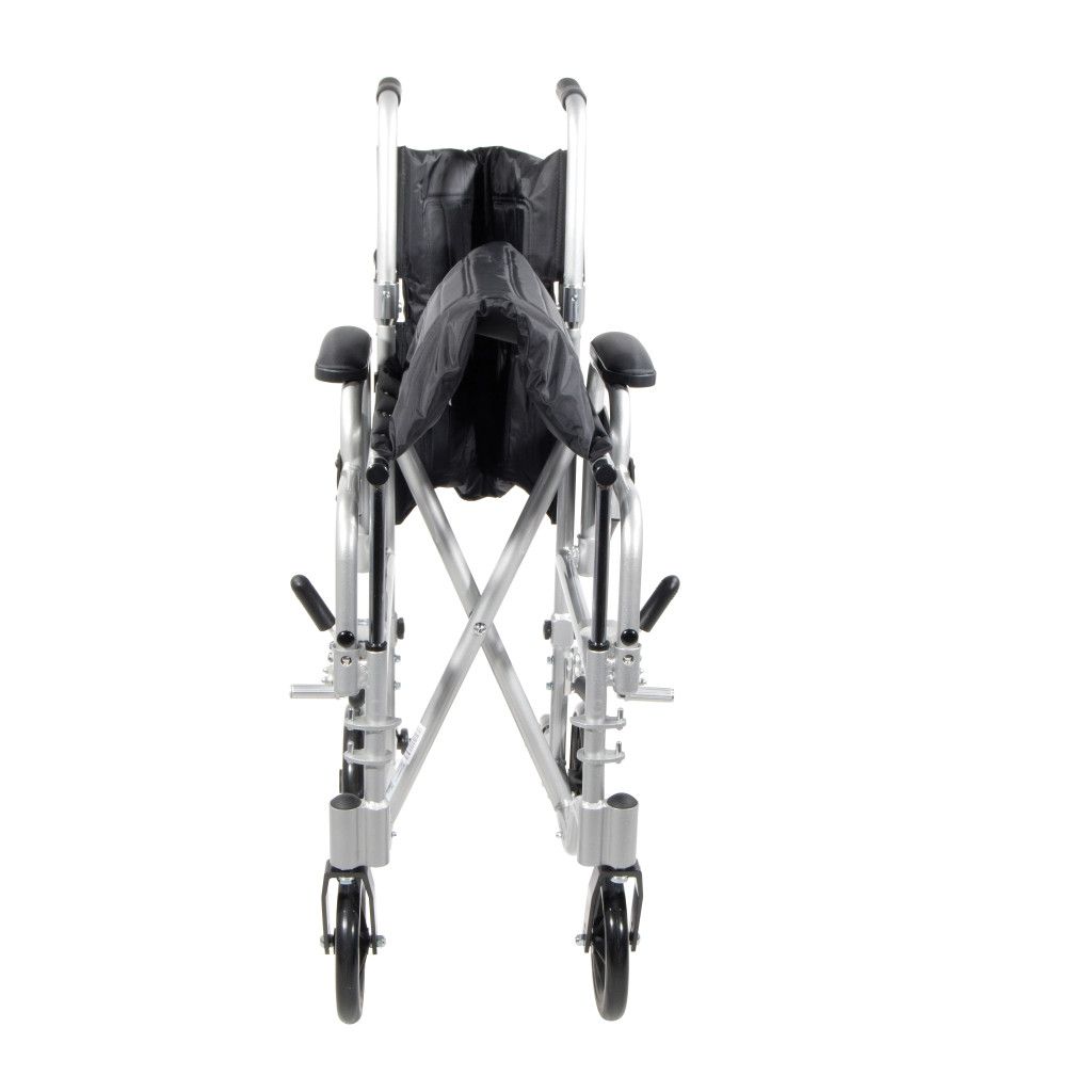 A Drive Medical manual wheelchair with a silver frame, black vinyl upholstery, and large, solid-tire wheels.