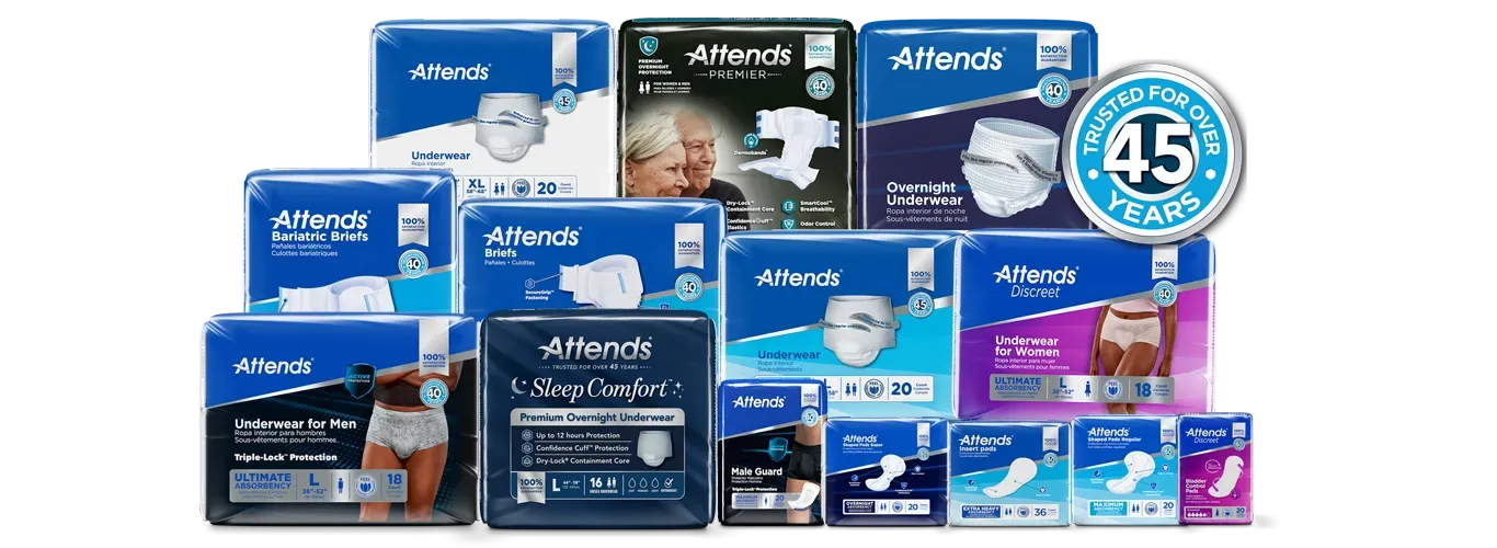 Attends branded adult incontinence products, including briefs, pull-up underwear, and pads, on a white background.
