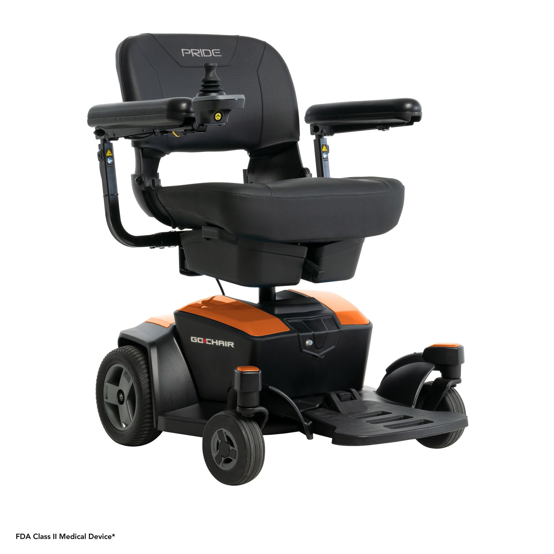 A black and orange power wheelchair with a joystick controller, armrests, and a padded seat on a white background.