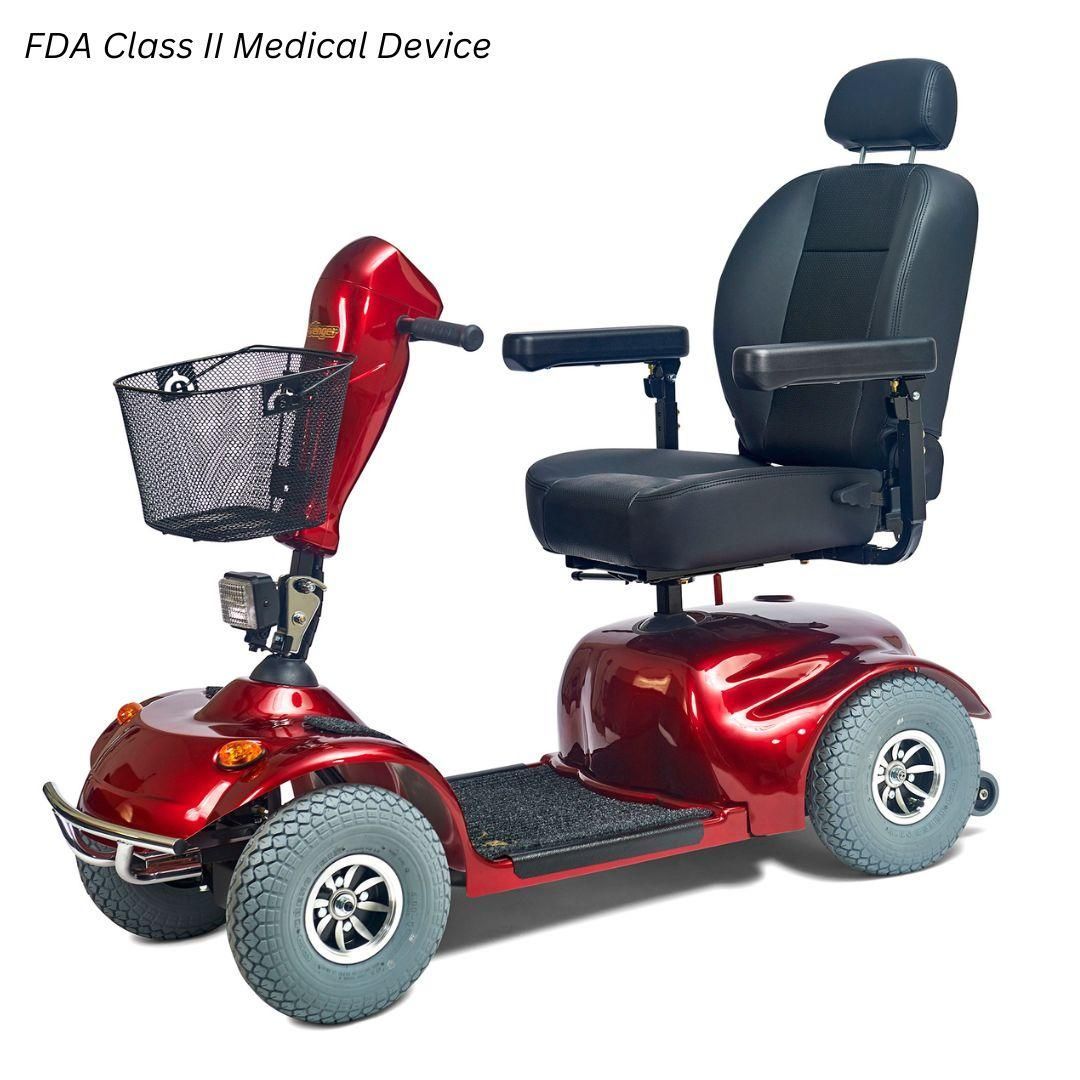A red, four-wheeled mobility scooter with a black seat, headrest, armrests, and a front wire basket on a white background.