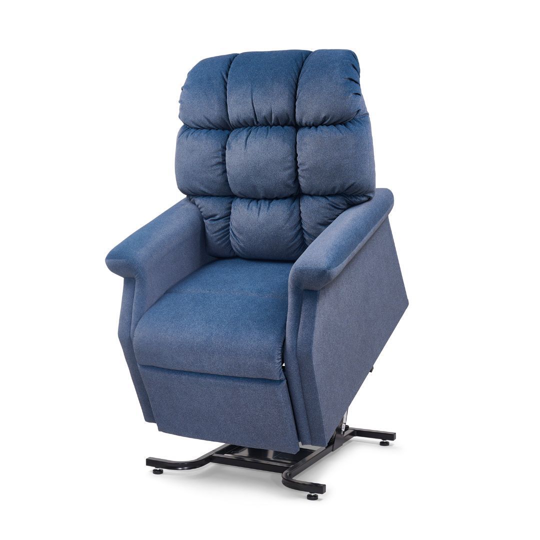 Blue fabric lift chair recliner with a remote control, labeled as an FDA Class II Medical Device.