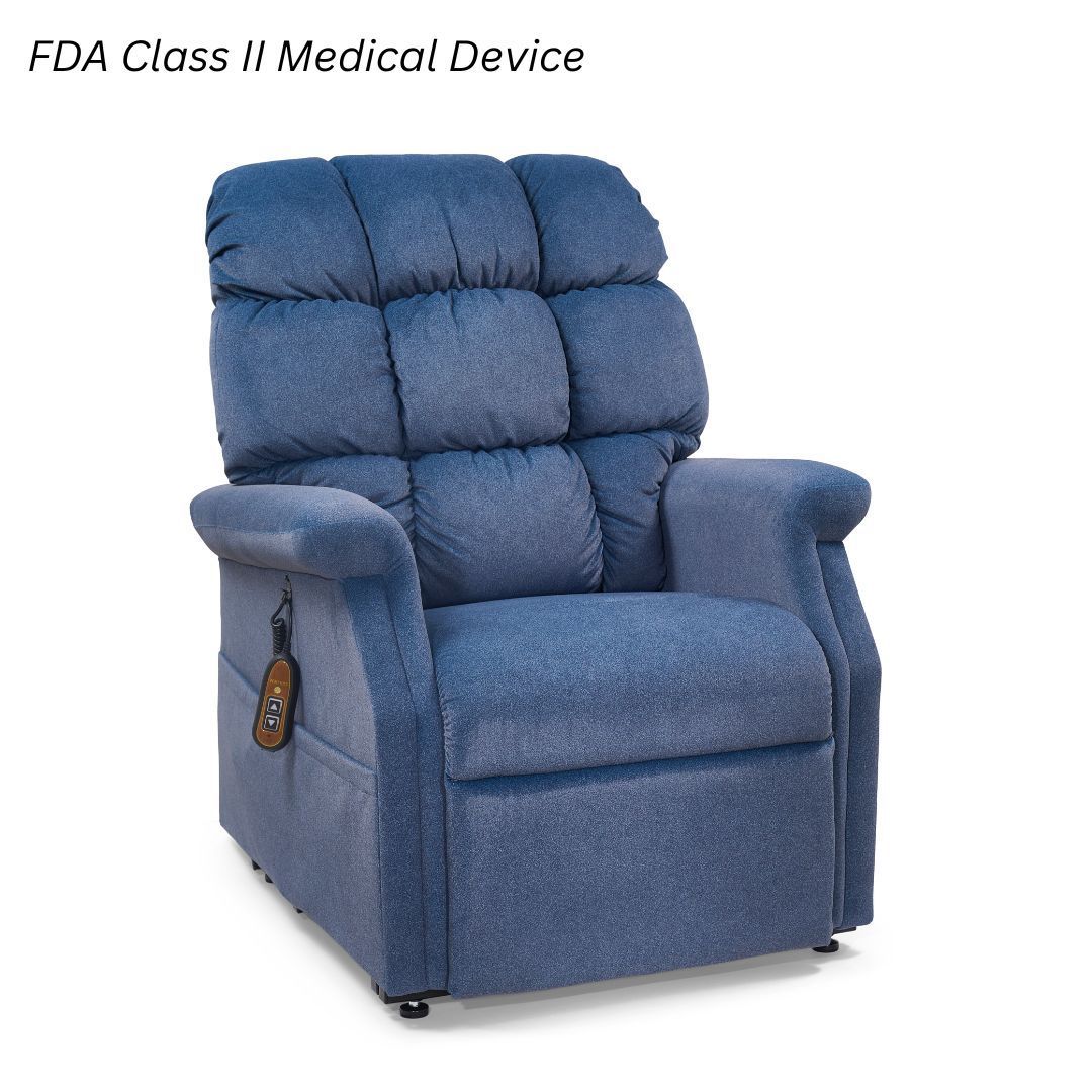 Blue fabric lift chair recliner with a remote control, labeled as an FDA Class II Medical Device.
