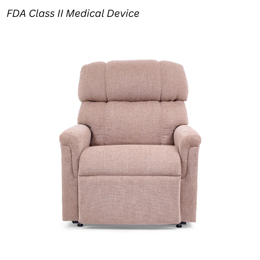 A light brown textured fabric lift recliner chair on a white background, labeled as an FDA Class II Medical Device.