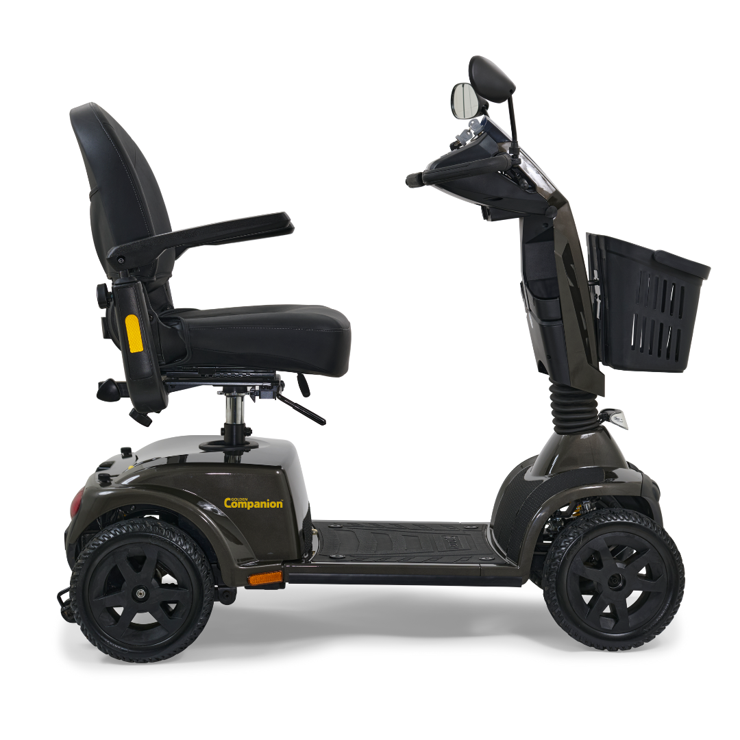 A dark grey, four-wheeled mobility scooter with a seat, handlebars, and front basket, viewed from the side.