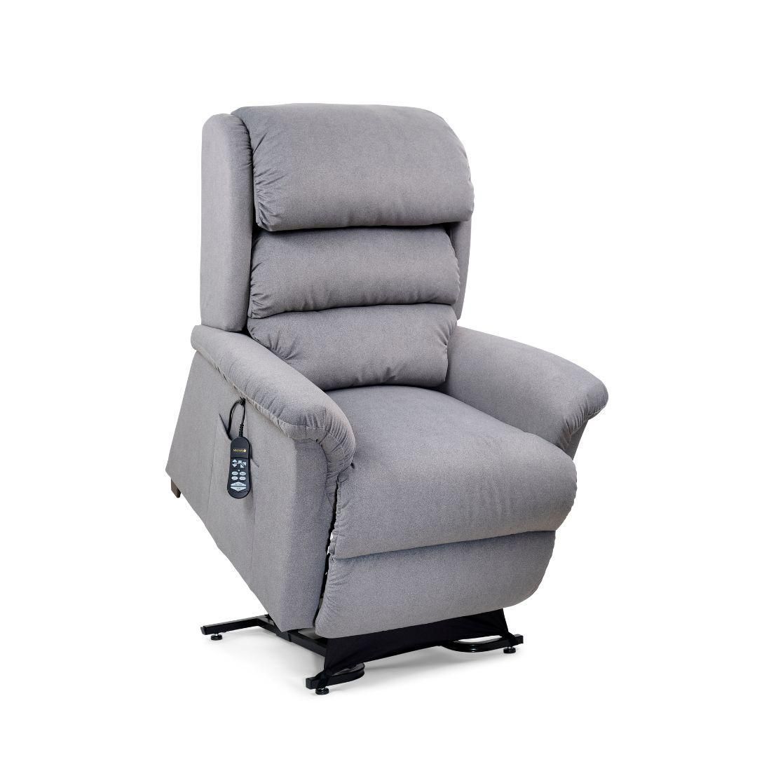 A light gray power lift recliner chair with a remote control, labeled as an FDA Class II Medical Device.