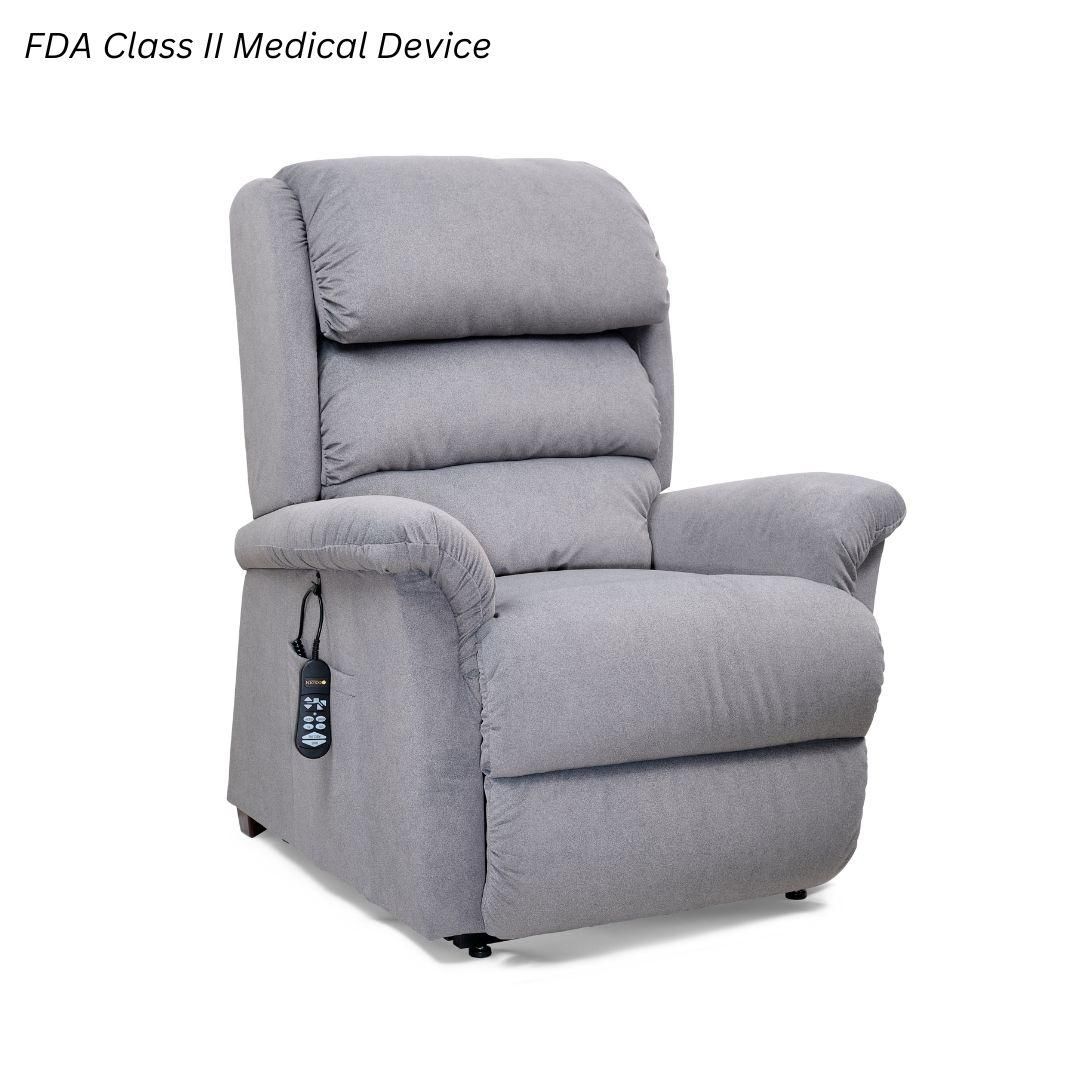 A light gray power lift recliner chair with a remote control, labeled as an FDA Class II Medical Device.