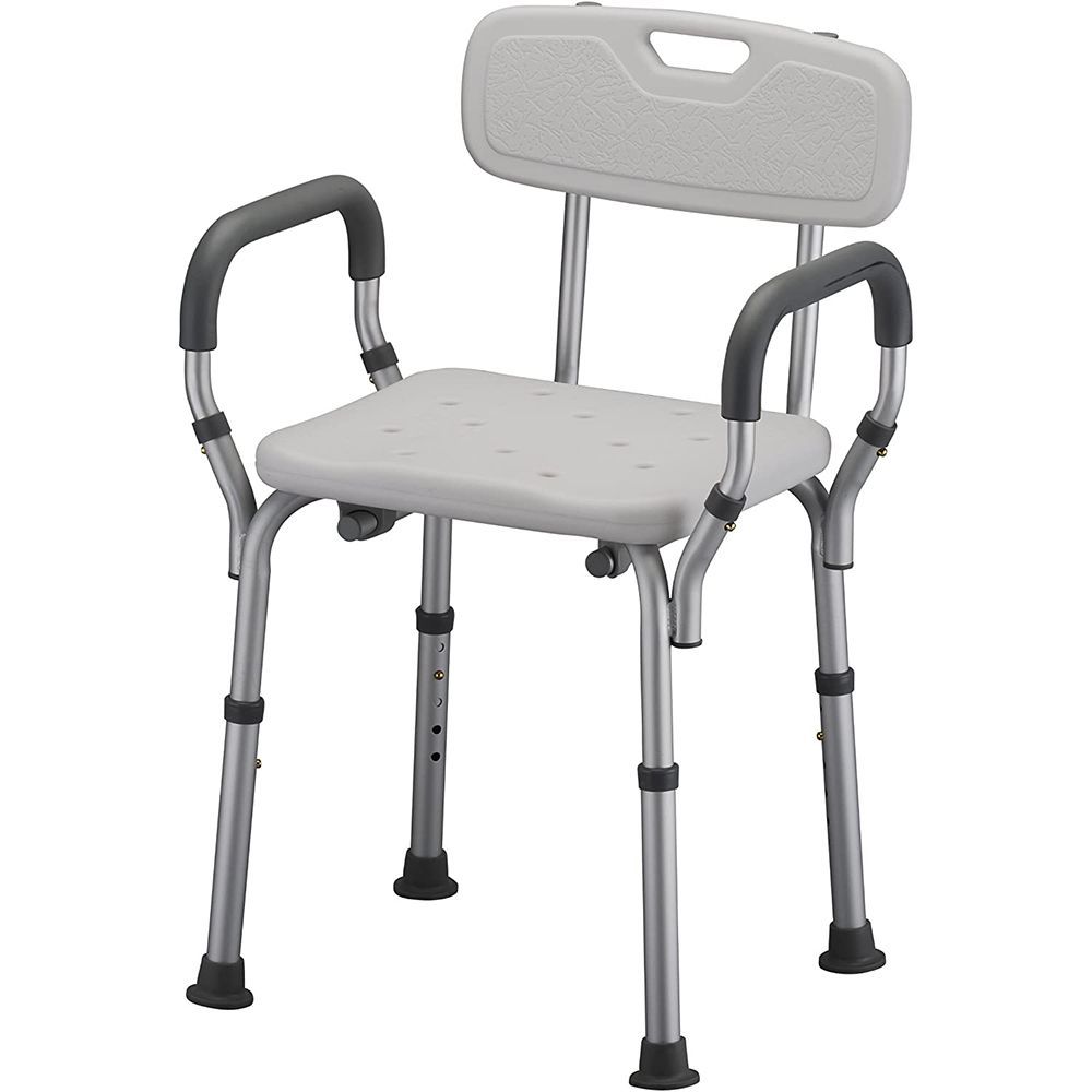 Gray shower chair with backrest and armrests, four adjustable legs and rubber feet