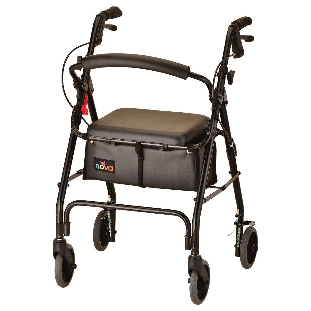 A black, four-wheeled rolling walker with a padded seat and a storage pouch under the seat against a white background.
