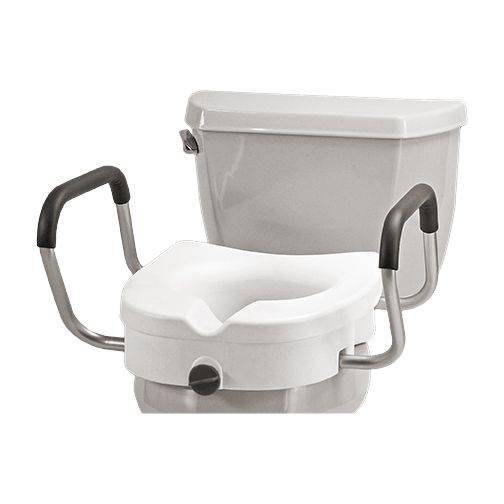 White bedside commode with gray frame and black armrests, shown front and side view