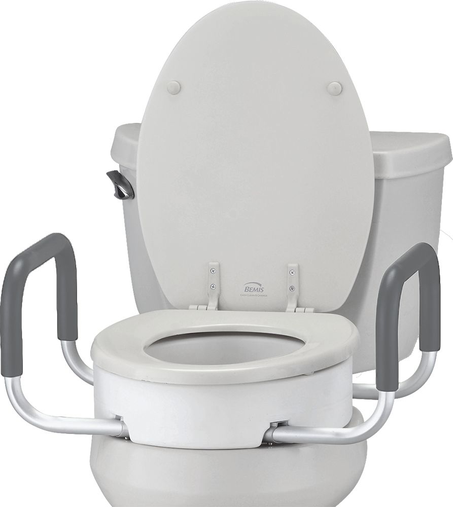 Raised toilet seat with gray support handles and backrest over a white toilet bowl