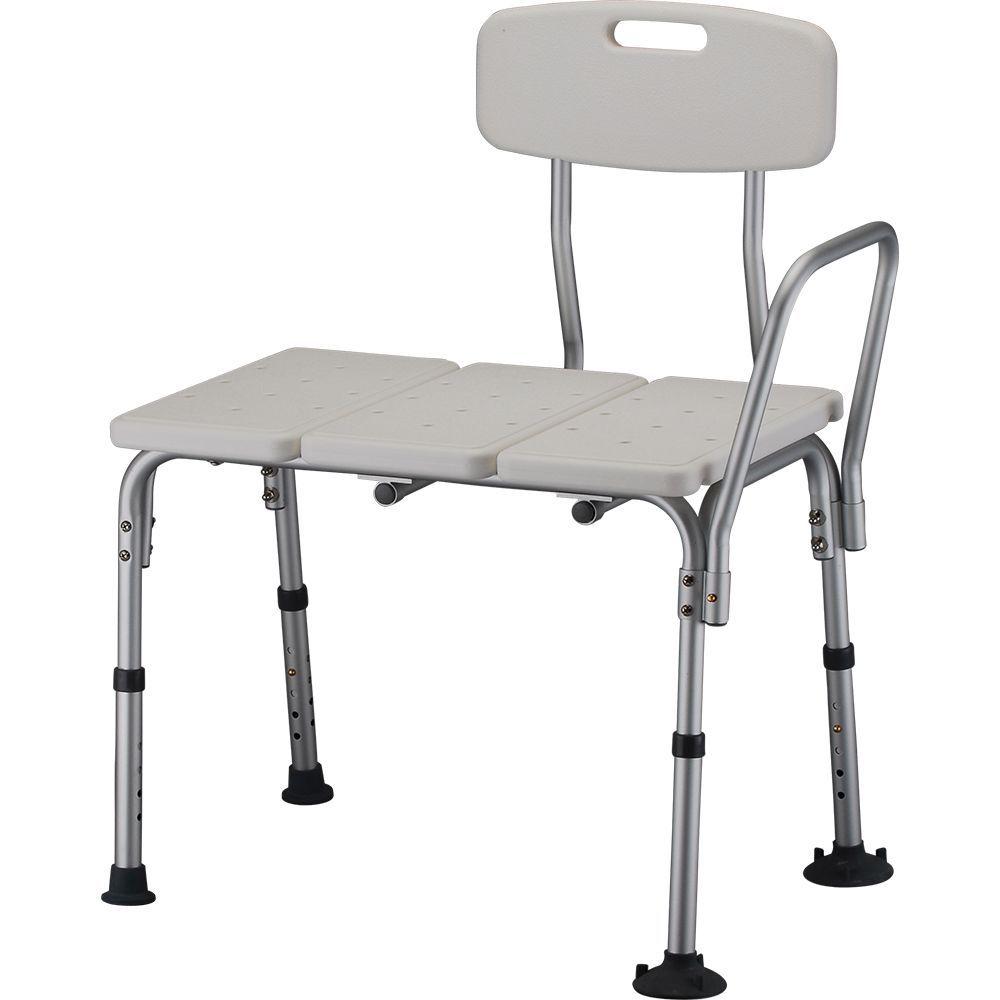 Foldable shower chair with gray seat, backrest, and armrests on metal legs.