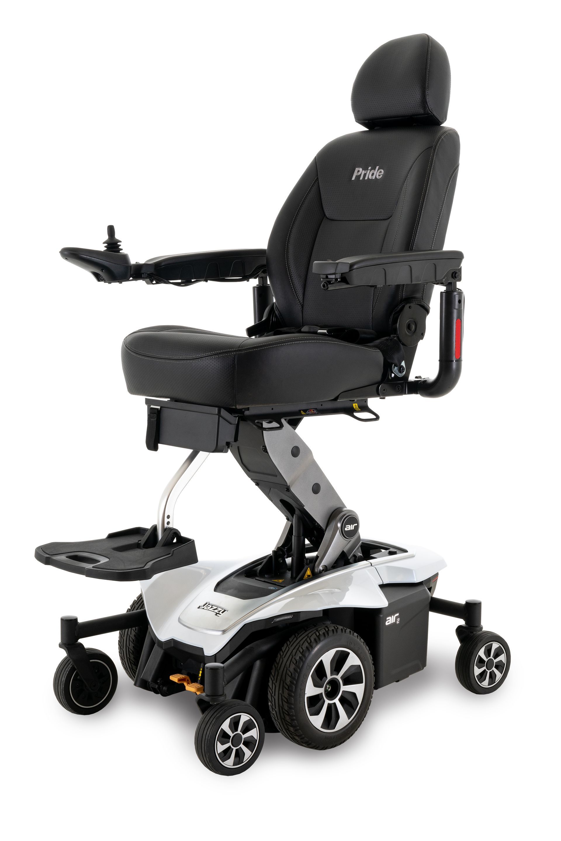 A white Pride power wheelchair with a black seat, adjustable elevating feature, and a joystick controller.