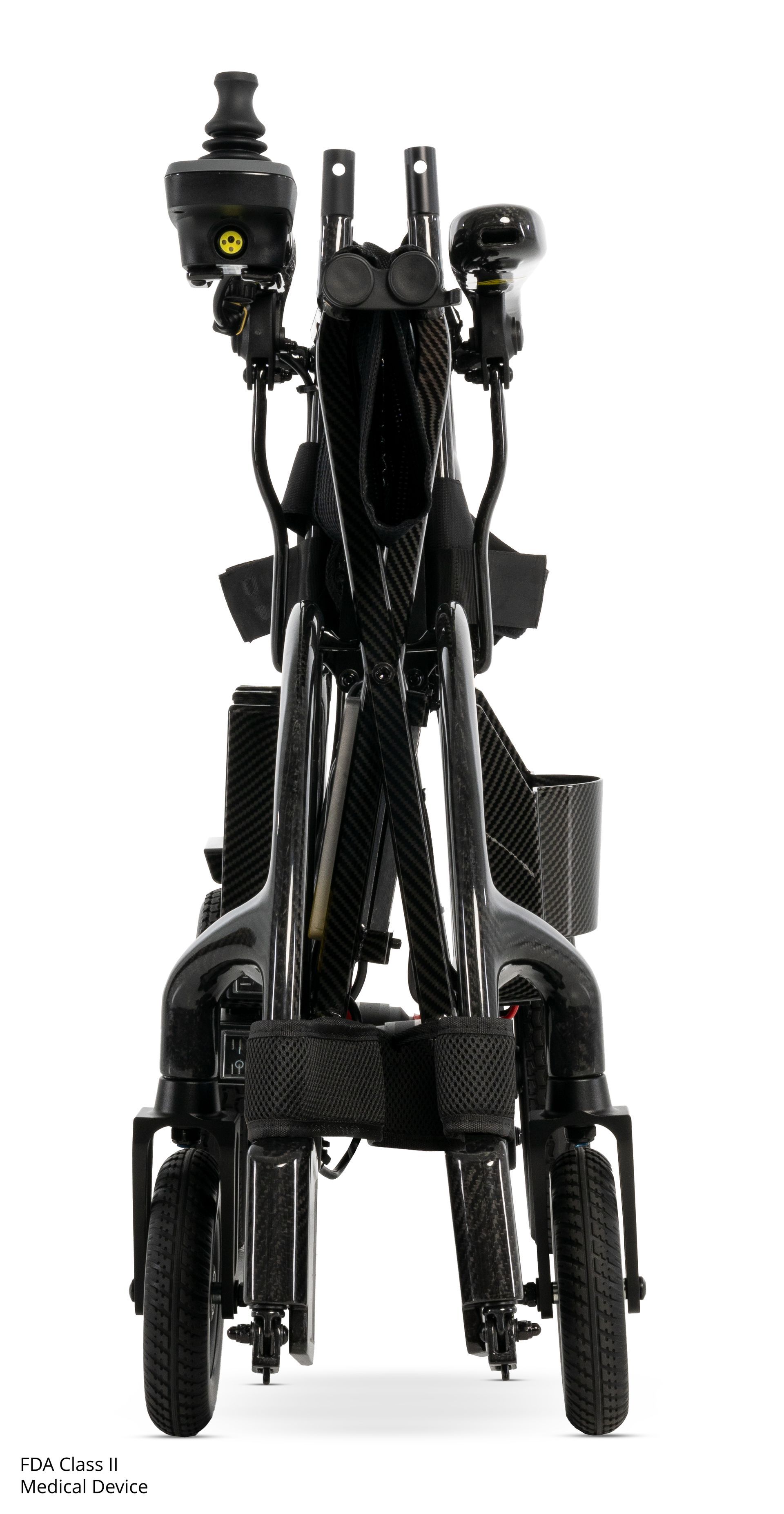 A black electric power wheelchair with a joystick controller, mesh backrest, and footrests against a white background.