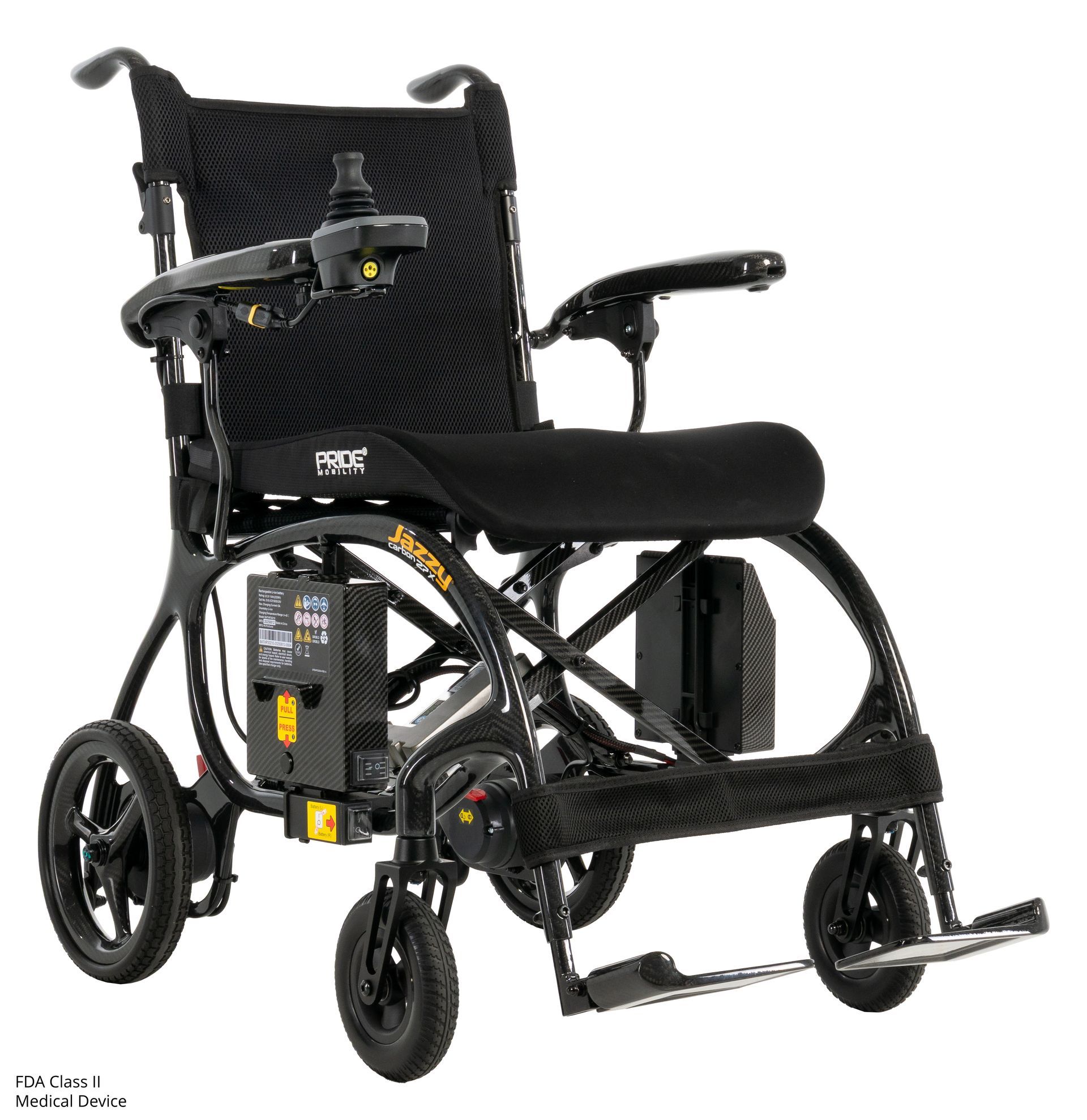 A black electric power wheelchair with a joystick controller, mesh backrest, and footrests against a white background.