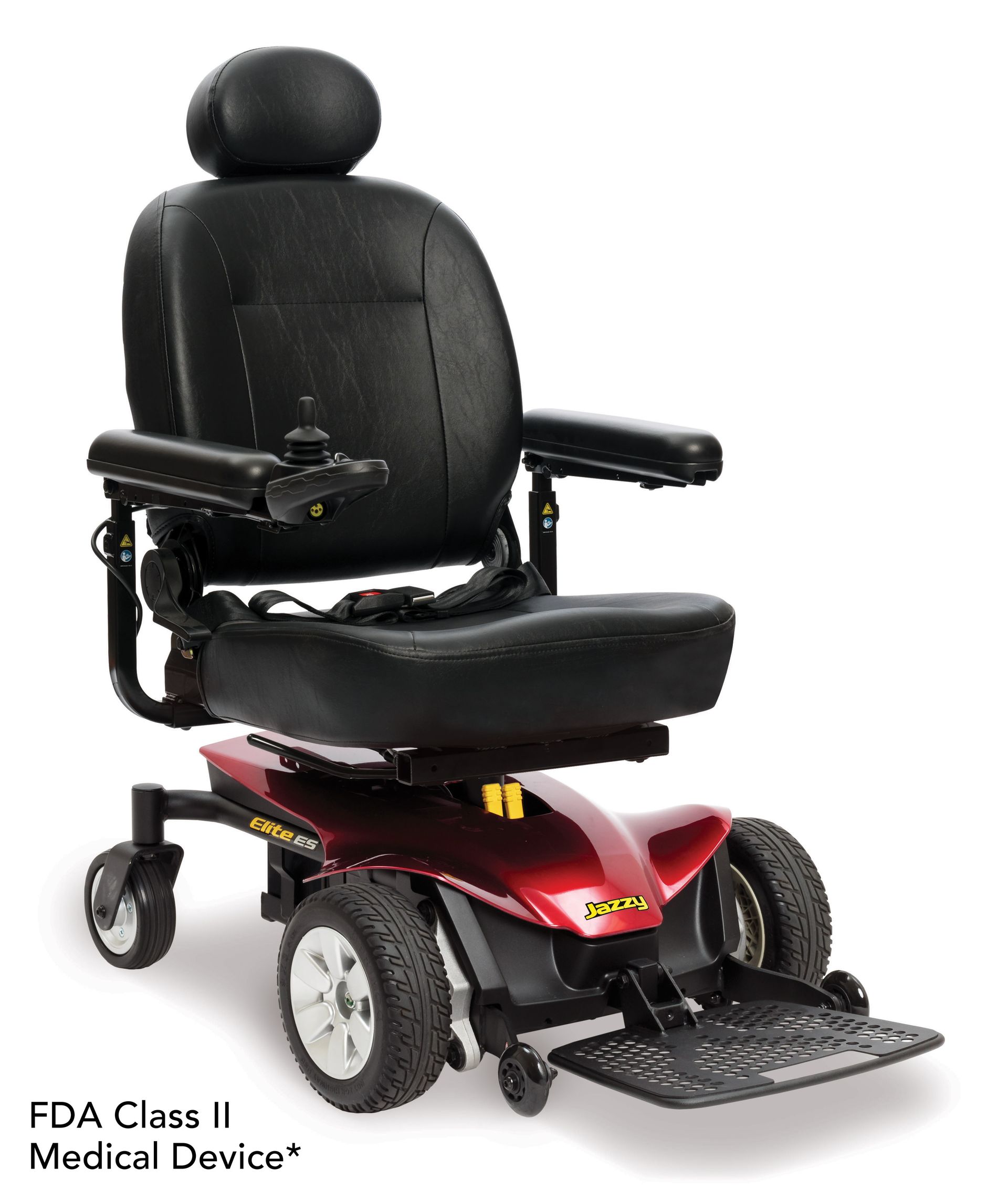 A red power wheelchair with a black cushioned seat, headrest, and joystick controller. 