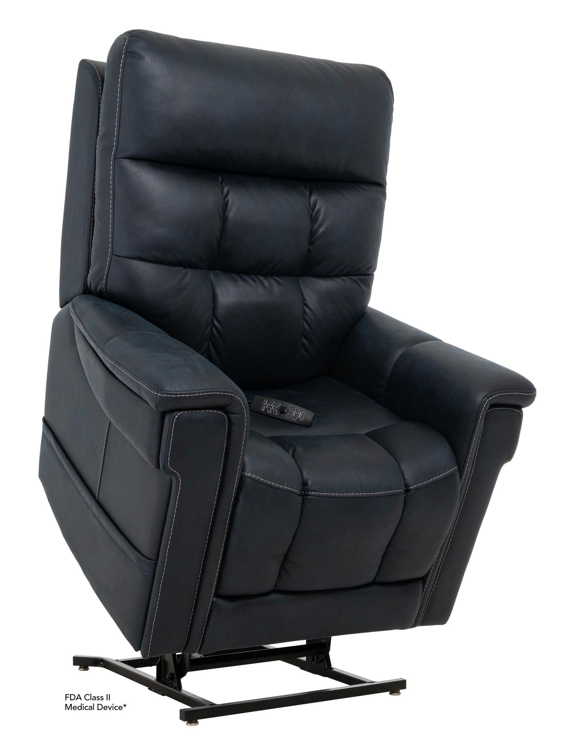 A dark navy blue leather recliner chair with nailhead trim detailing along the armrests and sides.