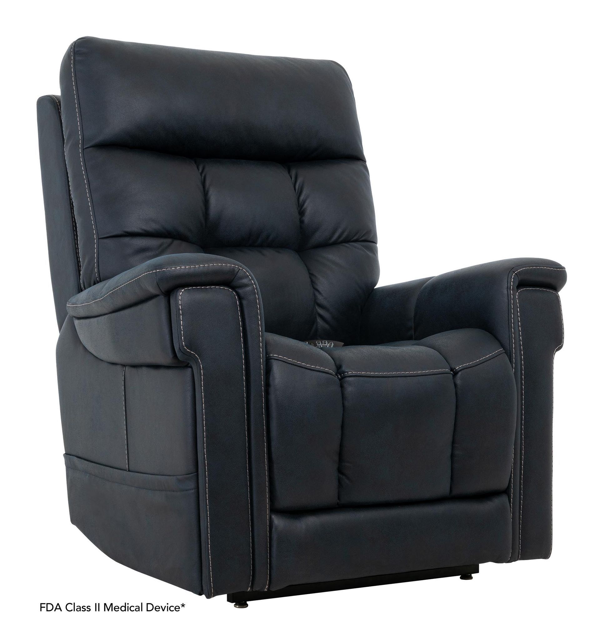 A dark navy blue leather recliner chair with nailhead trim detailing along the armrests and sides.