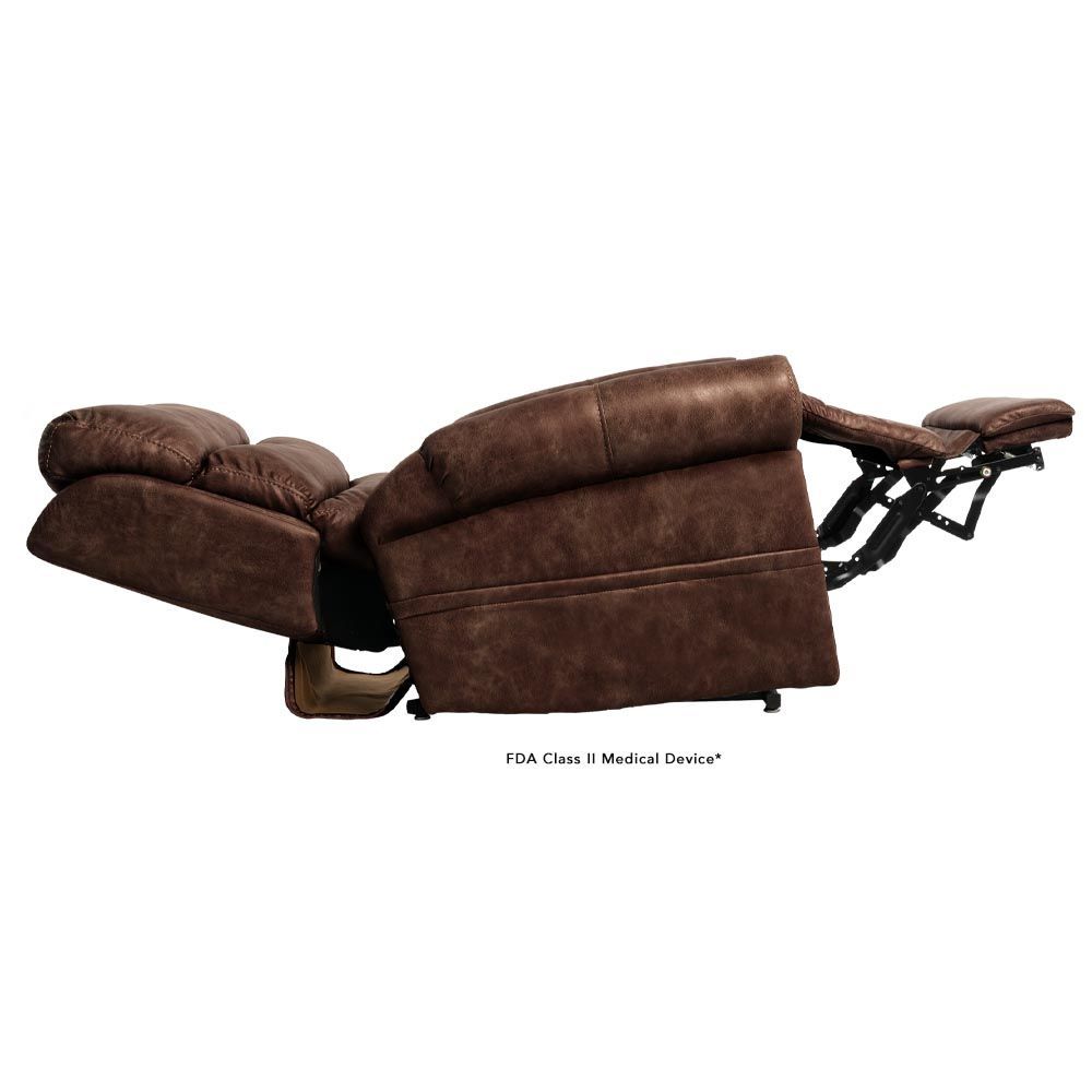 Brown leather power lift recliner chair with a remote control placed on the seat.