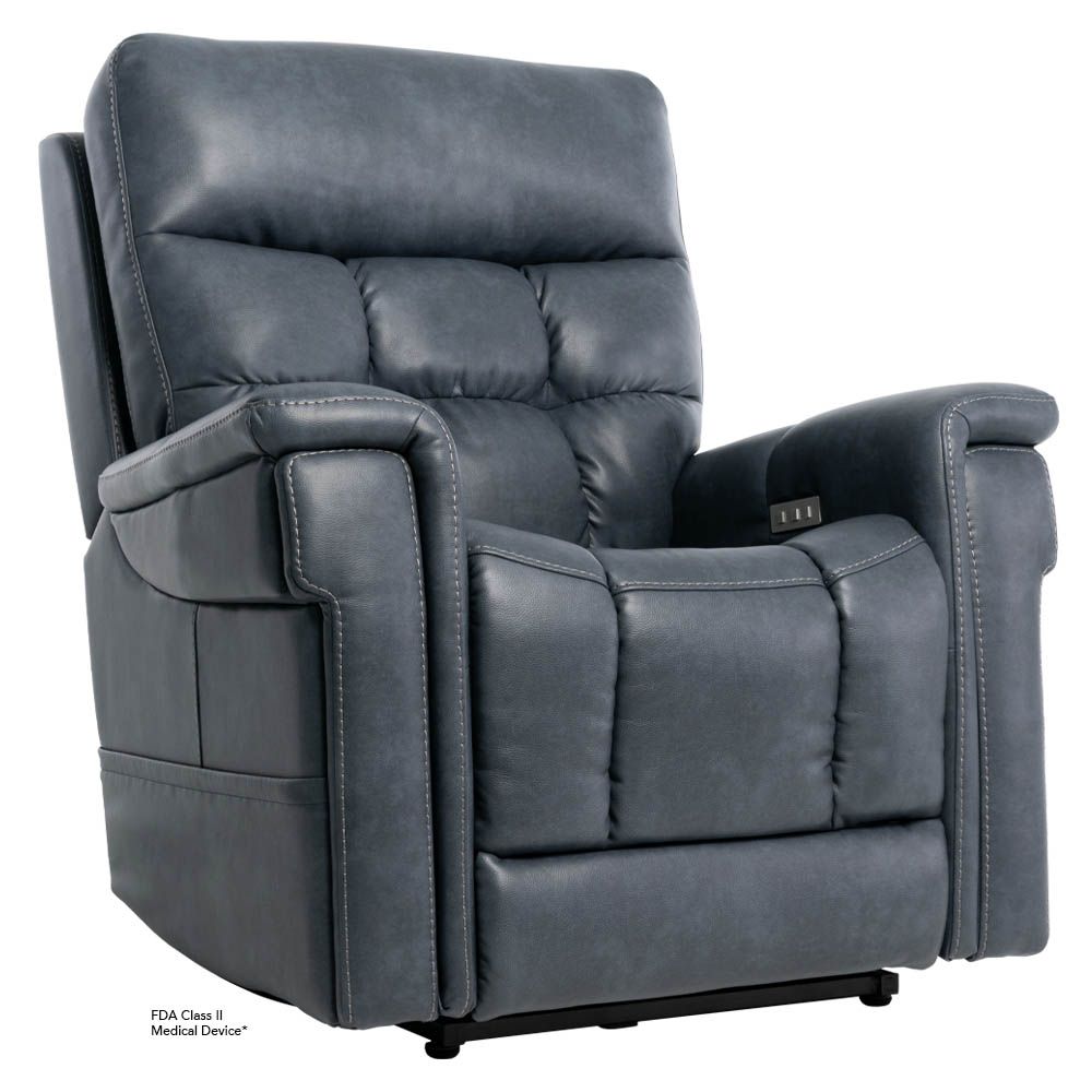 A modern, blue-grey leather power recliner with stitched detailing, set against a plain white background.