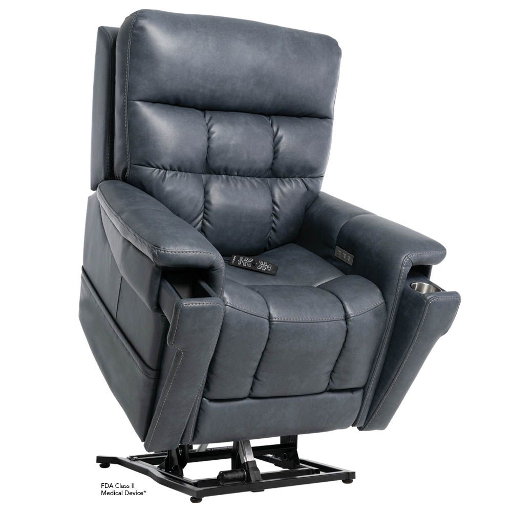 A modern, blue-grey leather power recliner with stitched detailing, set against a plain white background.
