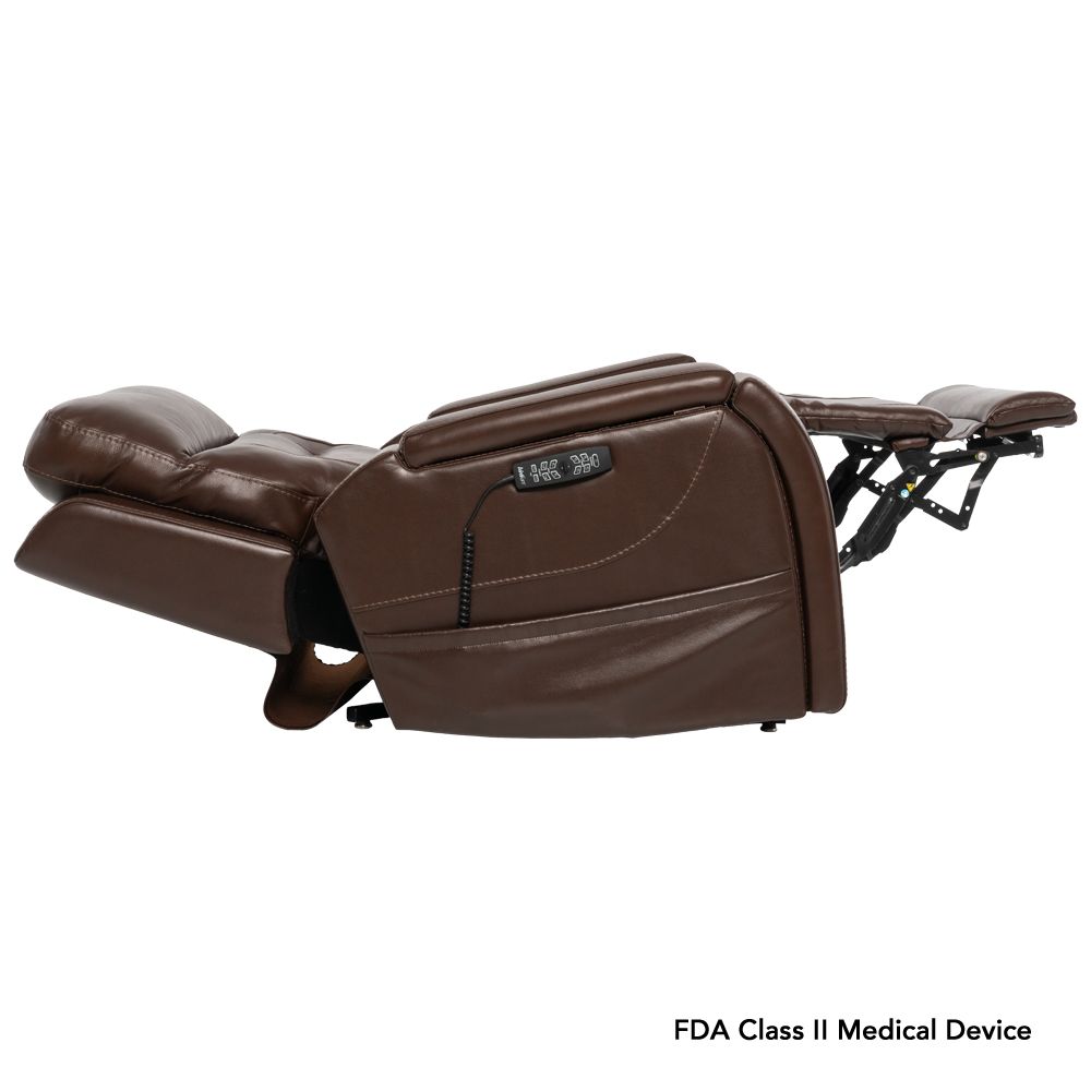 A brown leather power lift recliner chair on a metal base, labeled as an FDA Class II Medical Device.