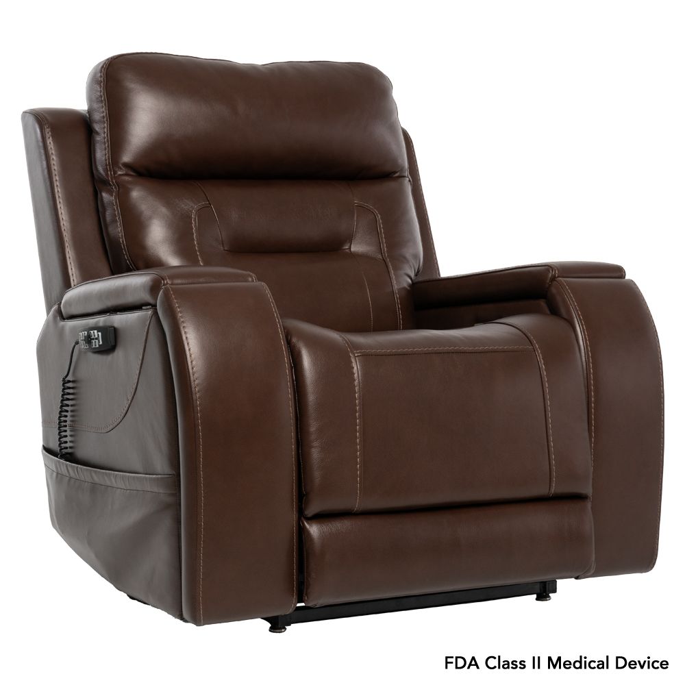 A brown leather power lift recliner chair with a wired remote control on the side, labeled as an FDA Class II Medical Device.