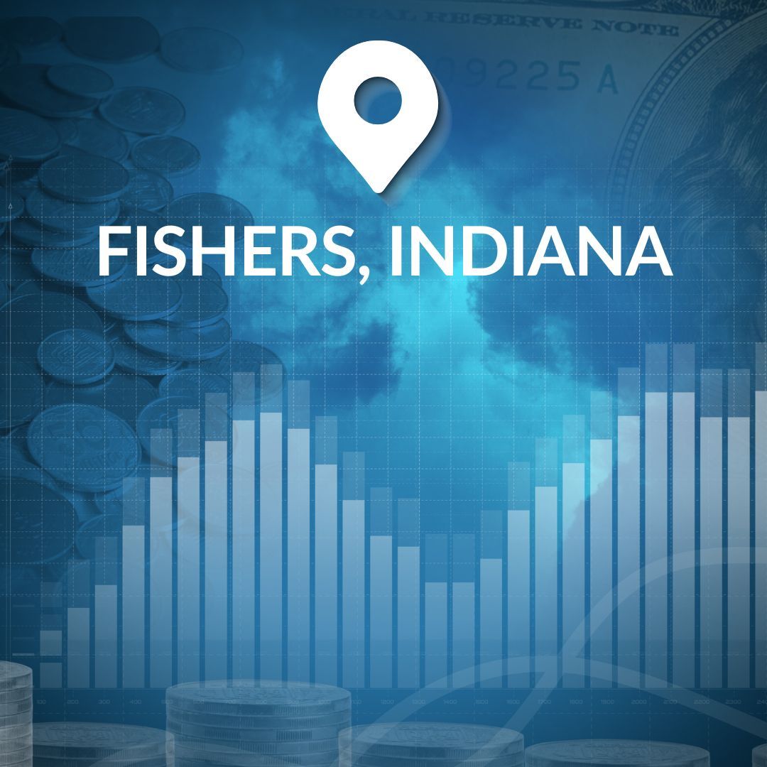 Fishers, Indiana map pin over blue cityscape and financial chart background
