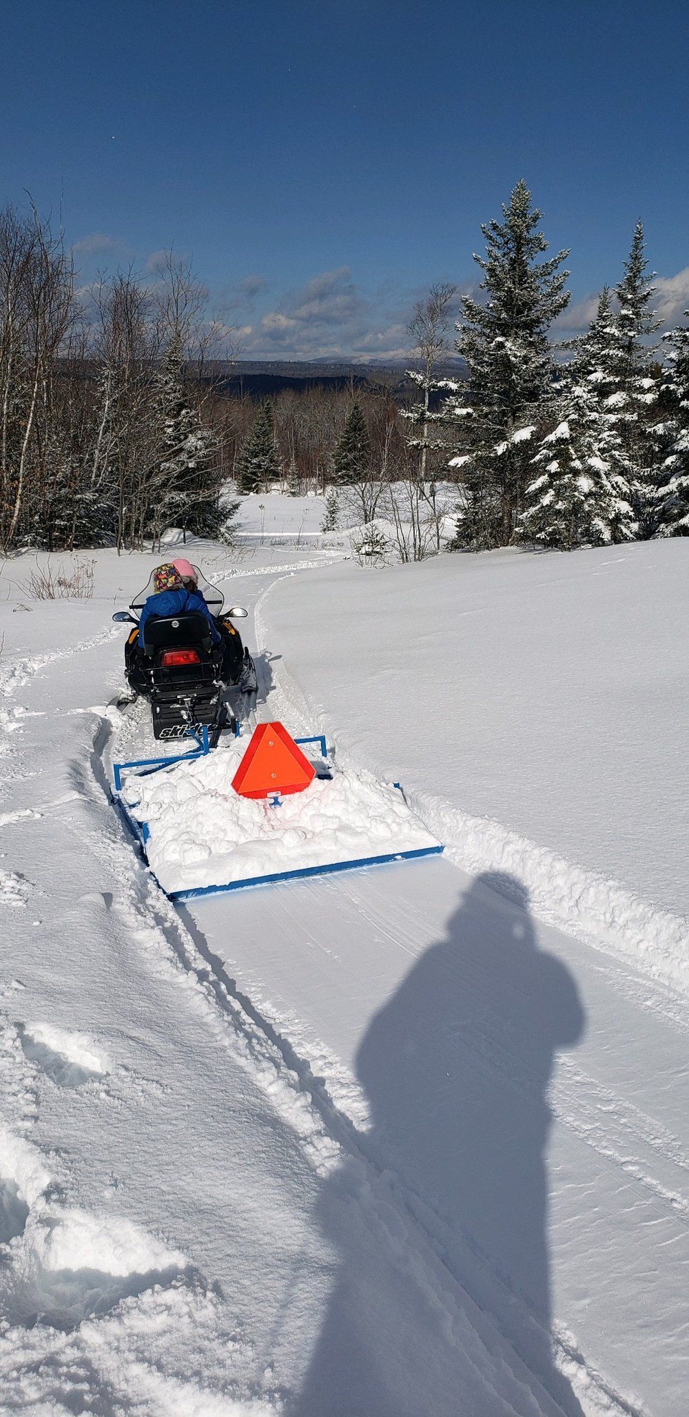 A person is riding a snowmobile in the snow.