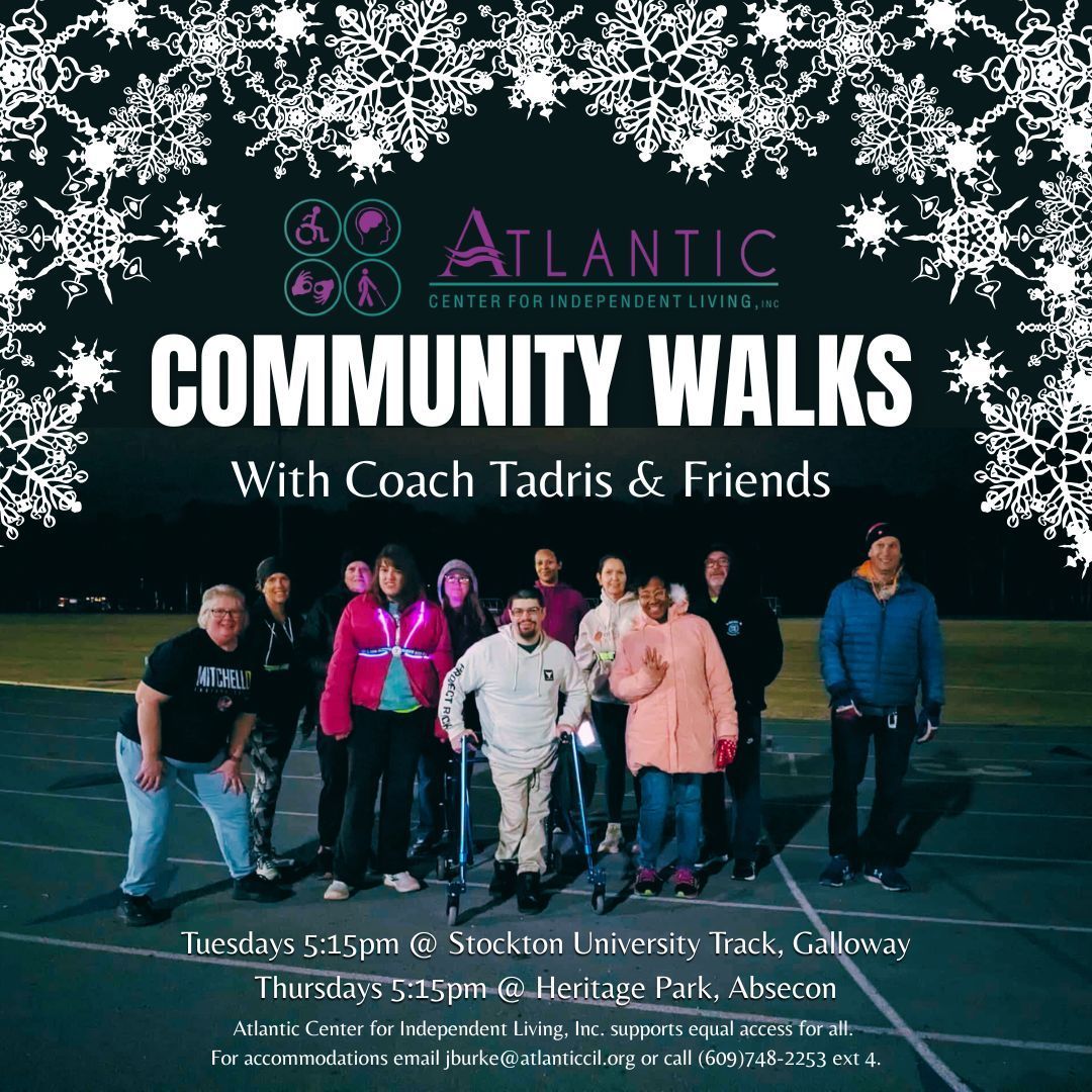 Atlantic Community Walks event poster with five people posing, framed by white snowflakes on a dark background