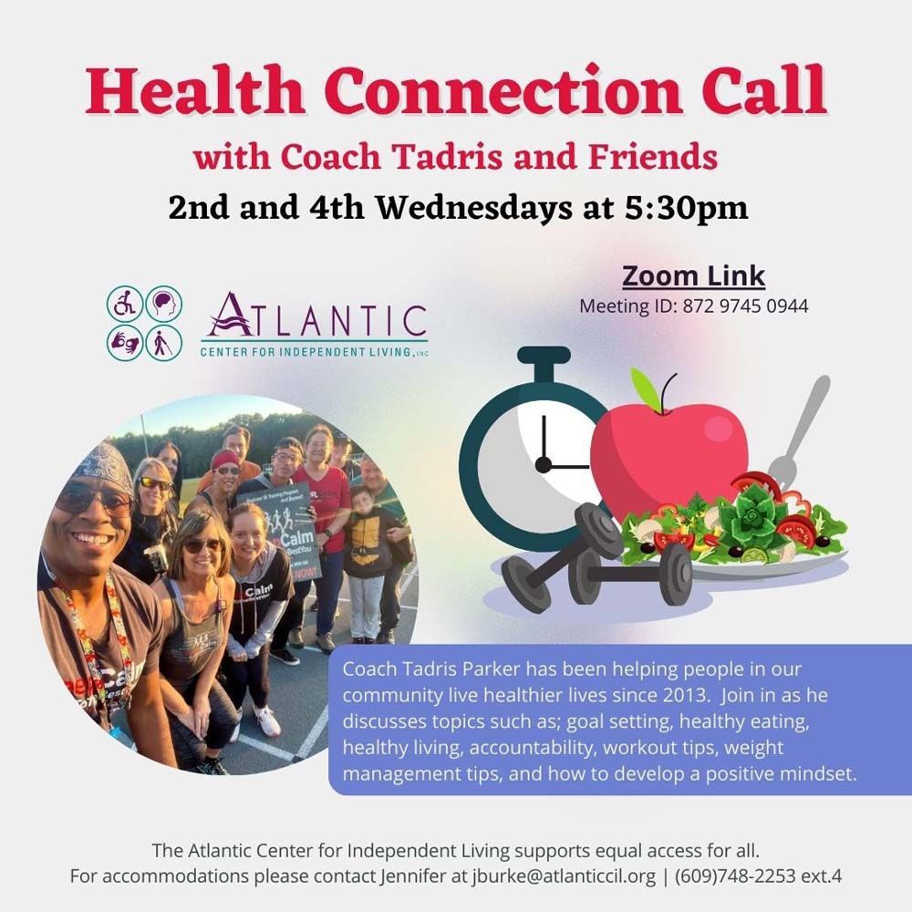 Health Connection Call flyer with Zoom link, Atlantic logo, clock, apples, and wellness group photo